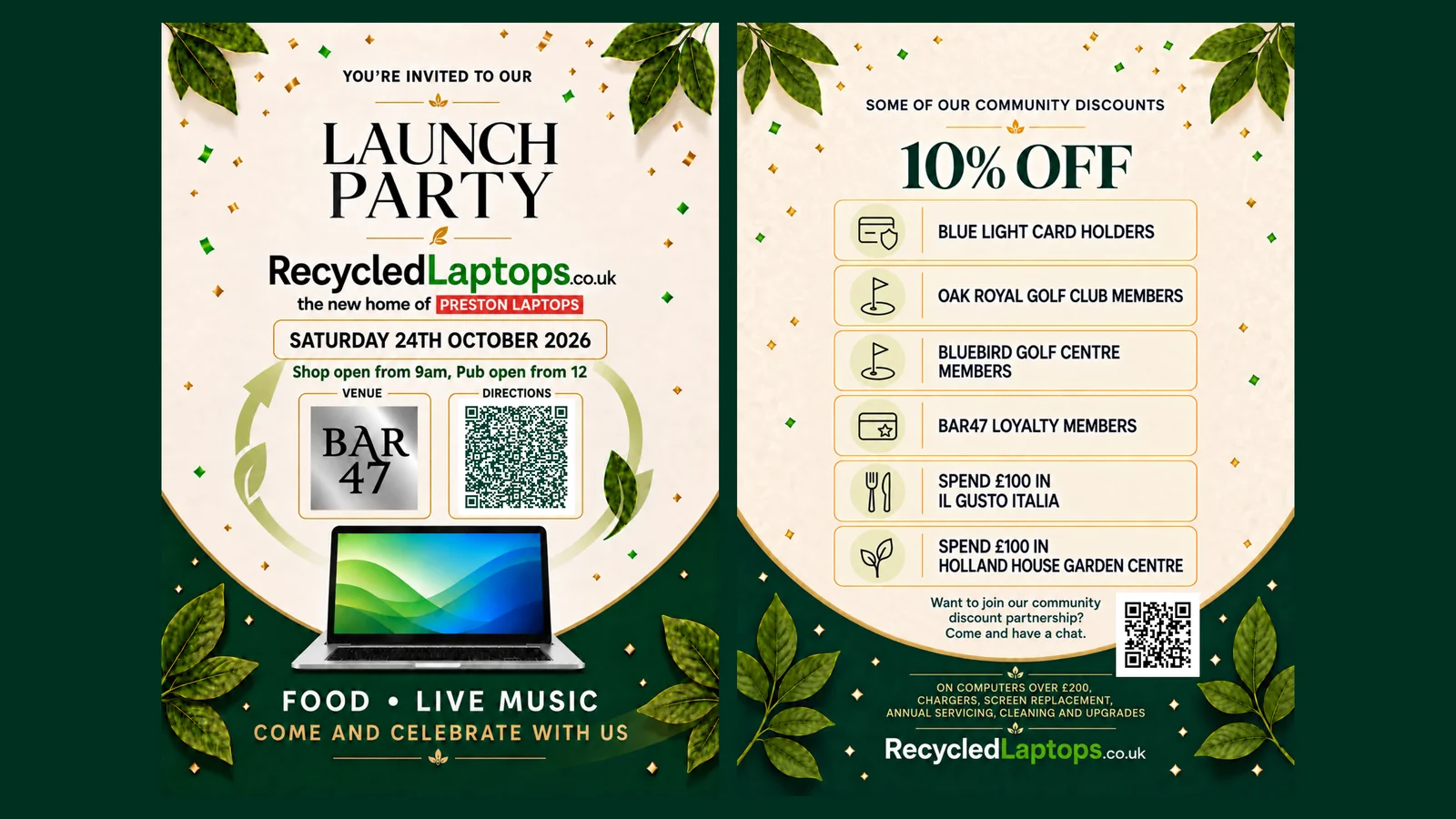Recycled Laptops launch party, Saturday 24 October 2026 at Bar 47. Shop opens at 9am, pub opens at noon. Food, live music and community discounts.